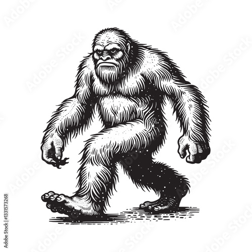 Woodcut style drawing of Yeti walking, full body view and isolated on white