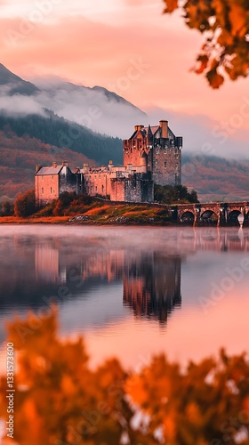 Wallpaper Mural Ancient castle reflecting on lake, vibrant sunset, mountains misty background, travel scenery Torontodigital.ca