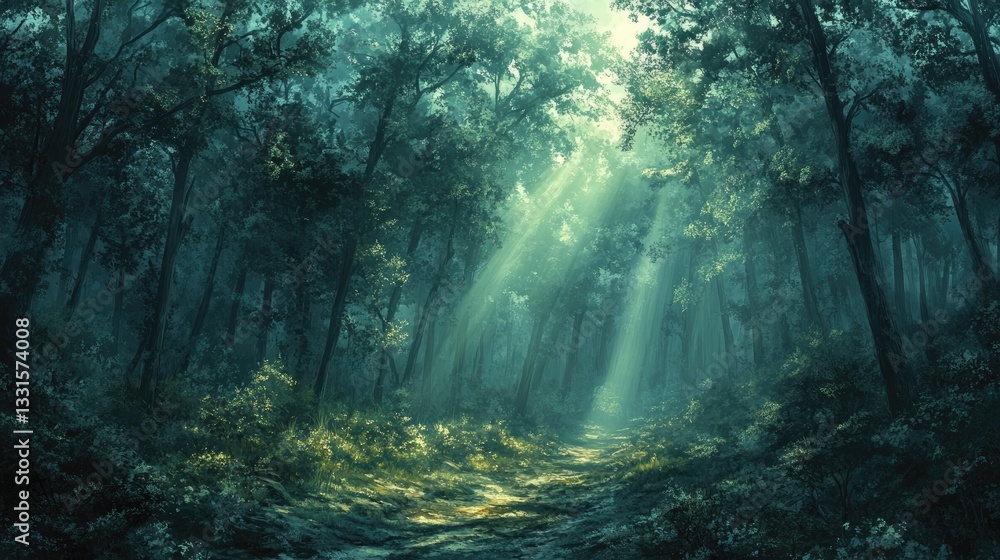 Fototapeta premium Mystical Sunbeams Shining Through a Lush Forest Landscape