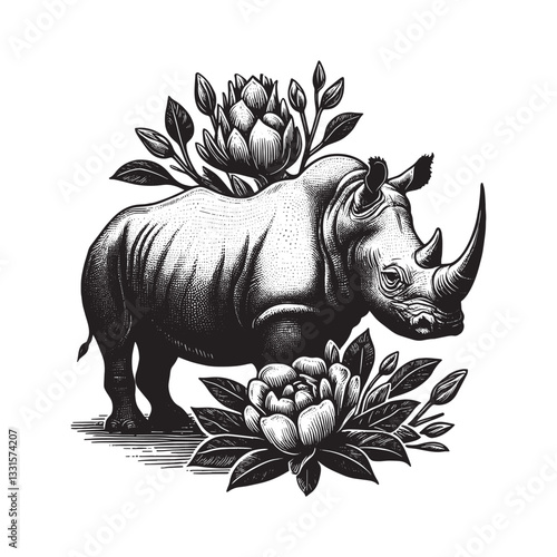 Engraved rhinoceros illustration adorned with botanical floral elements, black and white aesthetic
