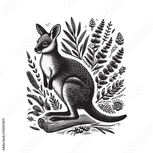 Engraved wallaby with botanical elements in vintage woodcut illustration style