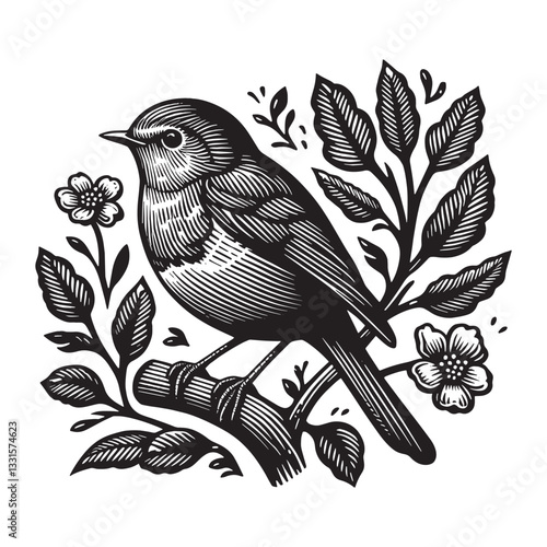 Monochromatic Woodcut Illustration of a Robin Perched Among Floral Branches