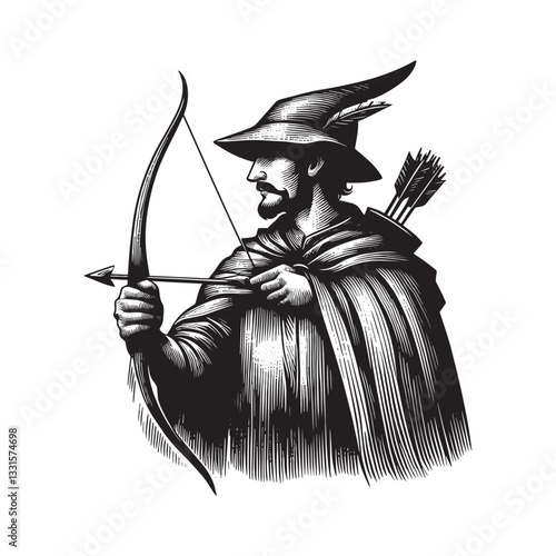 Monochrome depiction of an archer in traditional attire with bow and arrow