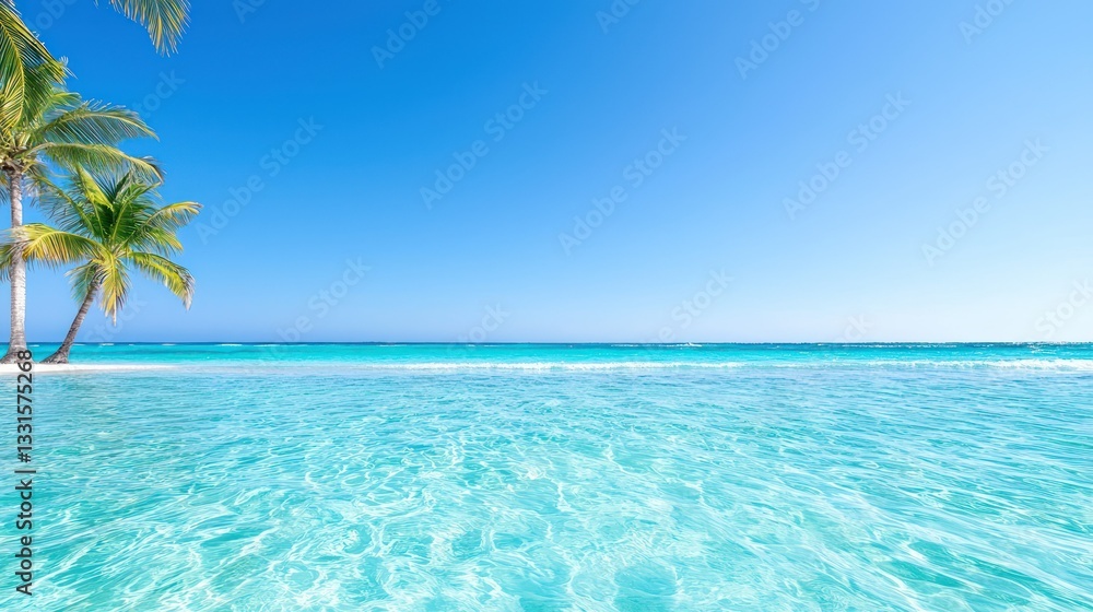 Fototapeta premium Tropical Paradise: A serene turquoise ocean stretches towards the horizon under a clear blue sky, complemented by the gentle sway of palm trees, capturing the essence of a perfect getaway.