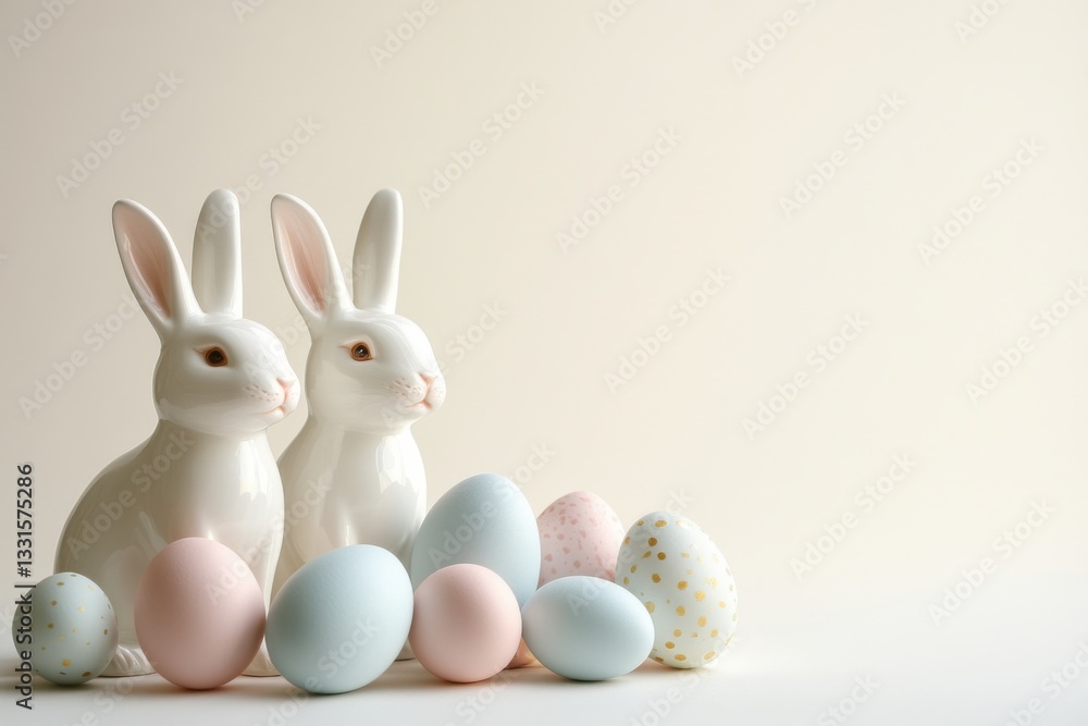 Ceramic bunnies with pastel Easter eggs on soft background, springtime decoration, serene and festive atmosphere, Easter Sunday celebration concept Ceramic bunnies with pastel Easter eggs on soft background, springtime decoration, serene and festive atmosphere, Easter Sunday celebration concept