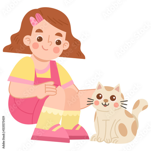 Illustration of Cute Girl Playing with Cat 