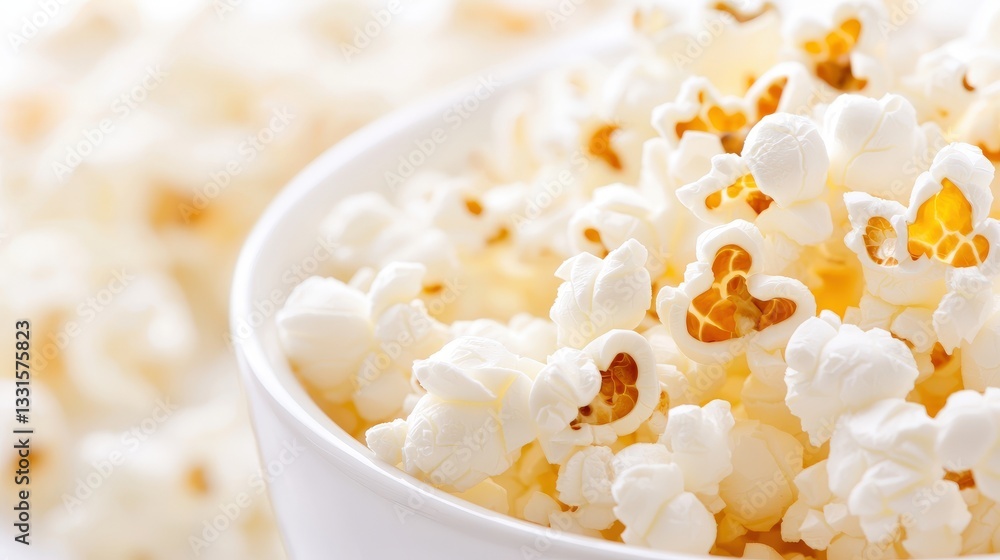 Freshly Popped Popcorn in a White Bowl for Movie Night Snack Freshly Popped Popcorn in a White Bowl for Movie Night Snack