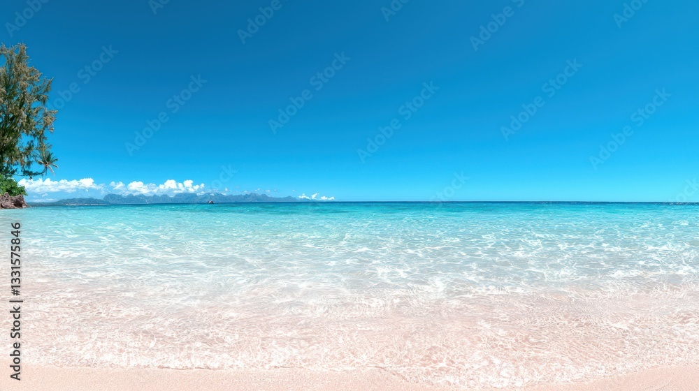 Fototapeta premium Coastal Paradise: A vibrant, sun-kissed beach scene unfolds, the serene turquoise waters meeting a cloudless sky. Capturing the essence of summer and relaxation.