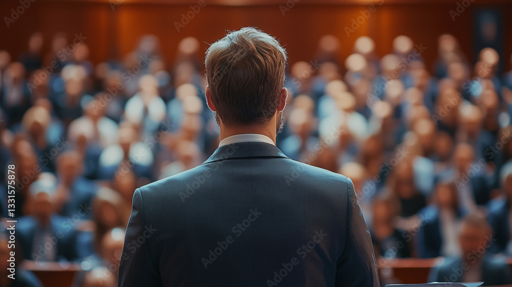 Business conference with speaker and audience is blurred in hall Business conference with speaker and audience is blurred in hall