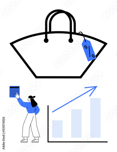 Large shopping bag with tag symbolizing retail, woman with calculator analyzing expenses, bar chart rising. Ideal for finance, shopping, sales, e-commerce, budgeting, growth analysis in flat simple