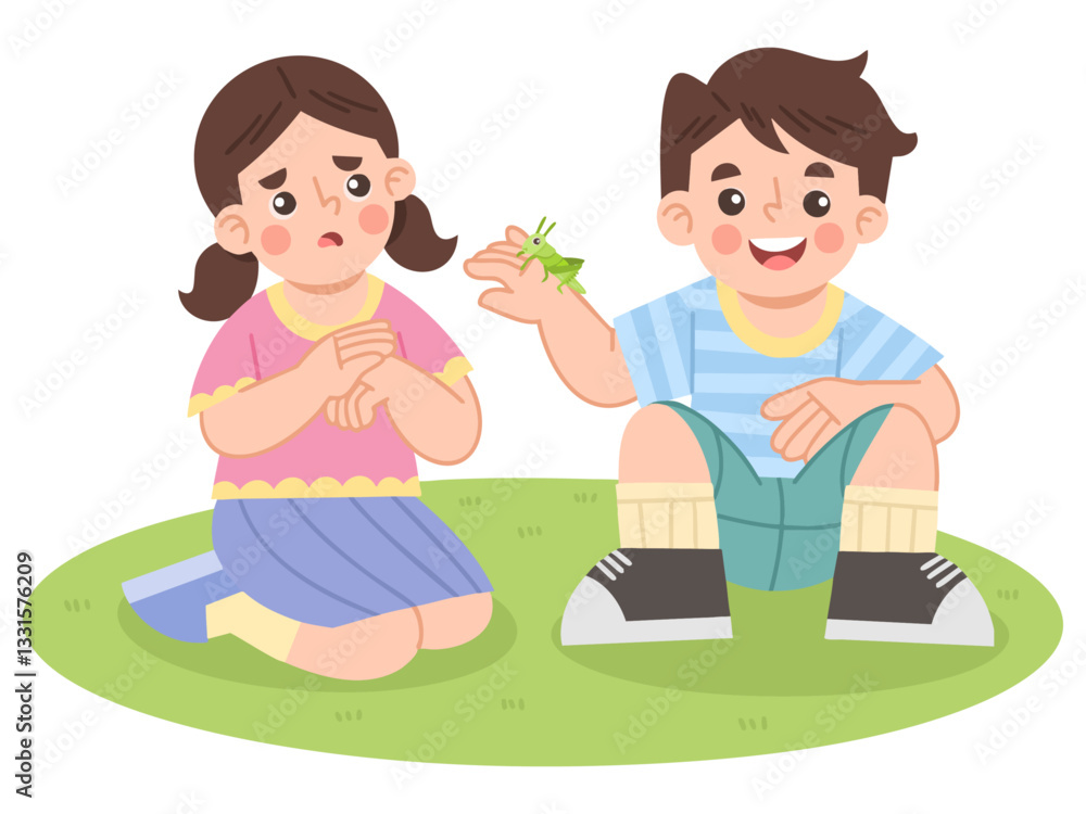 Illustration of Children Playing on Grass with Insect Illustration of Children Playing on Grass with Insect