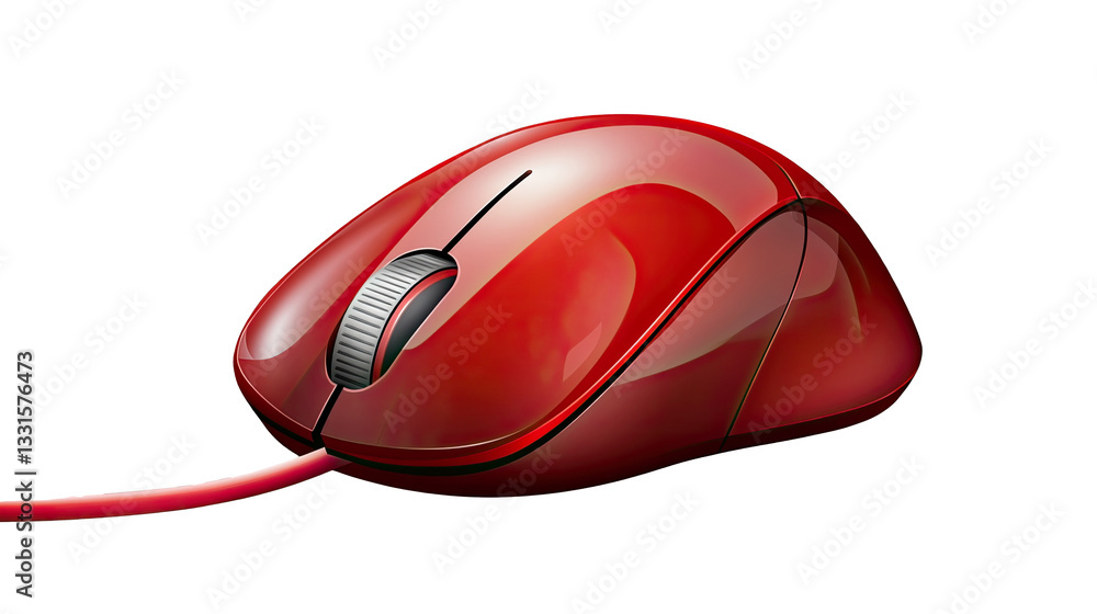 Glossy Red Wired Computer Mouse on White Background Glossy Red Wired Computer Mouse on White Background