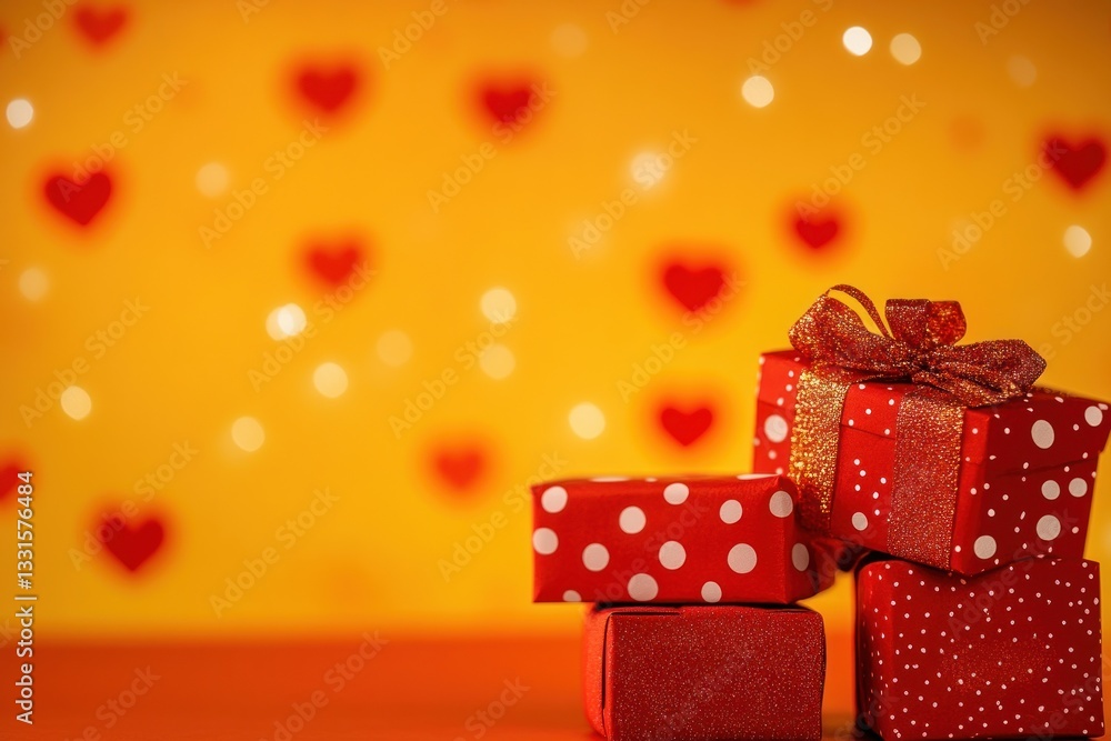 Obraz premium Red gift boxes with hearts background.