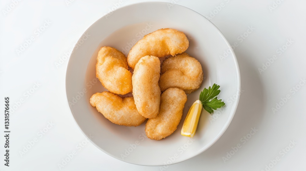 Golden Fried Snack Bites with Garnish and Lemon Slice on White Plate Golden Fried Snack Bites with Garnish and Lemon Slice on White Plate