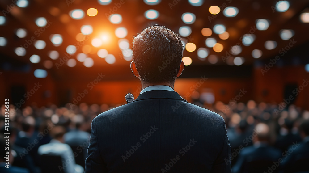 Fototapeta premium Business conference with speaker and audience is blurred in hall