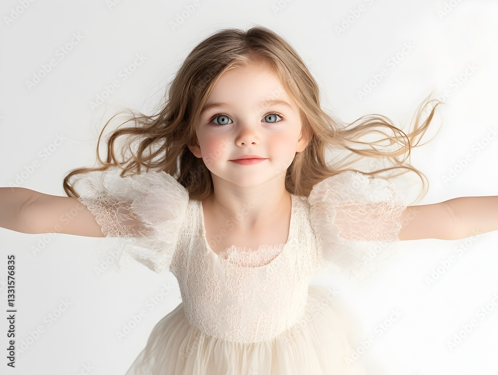 Joyful little girl with outstretched arms celebrating playfulness and innocence against a white background Joyful little girl with outstretched arms celebrating playfulness and innocence against a white background