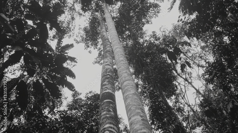 Fototapeta premium Monochrome Tropical Forest Canopy Tall Trees and Dense Foliage