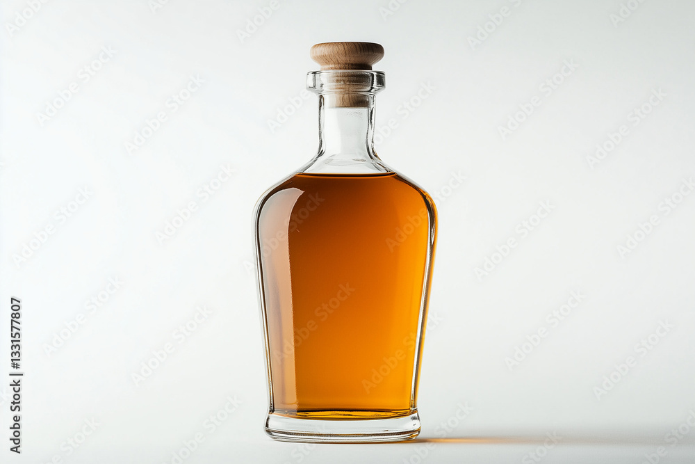 Luxury glass bottle of liquor isolated on white background, Selective focus whisky bottle on white background, Empty logo brandy bottle, Bourbon bottle with luxury cap design. Luxury glass bottle of liquor isolated on white background, Selective focus whisky bottle on white background, Empty logo brandy bottle, Bourbon bottle with luxury cap design.