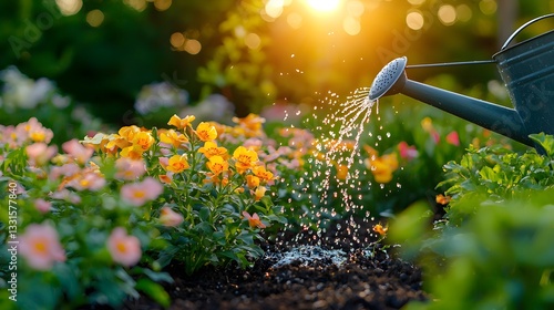 Watering vibrant flowers in a garden at sunset with soft light
