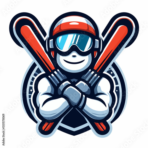 "Logo coloré de sport de ski en style cartoon vectoriel, avec une figure ludique sur fond transparent et isolé de clipart, en format vectoriel, parfait pour le branding d'hiver."