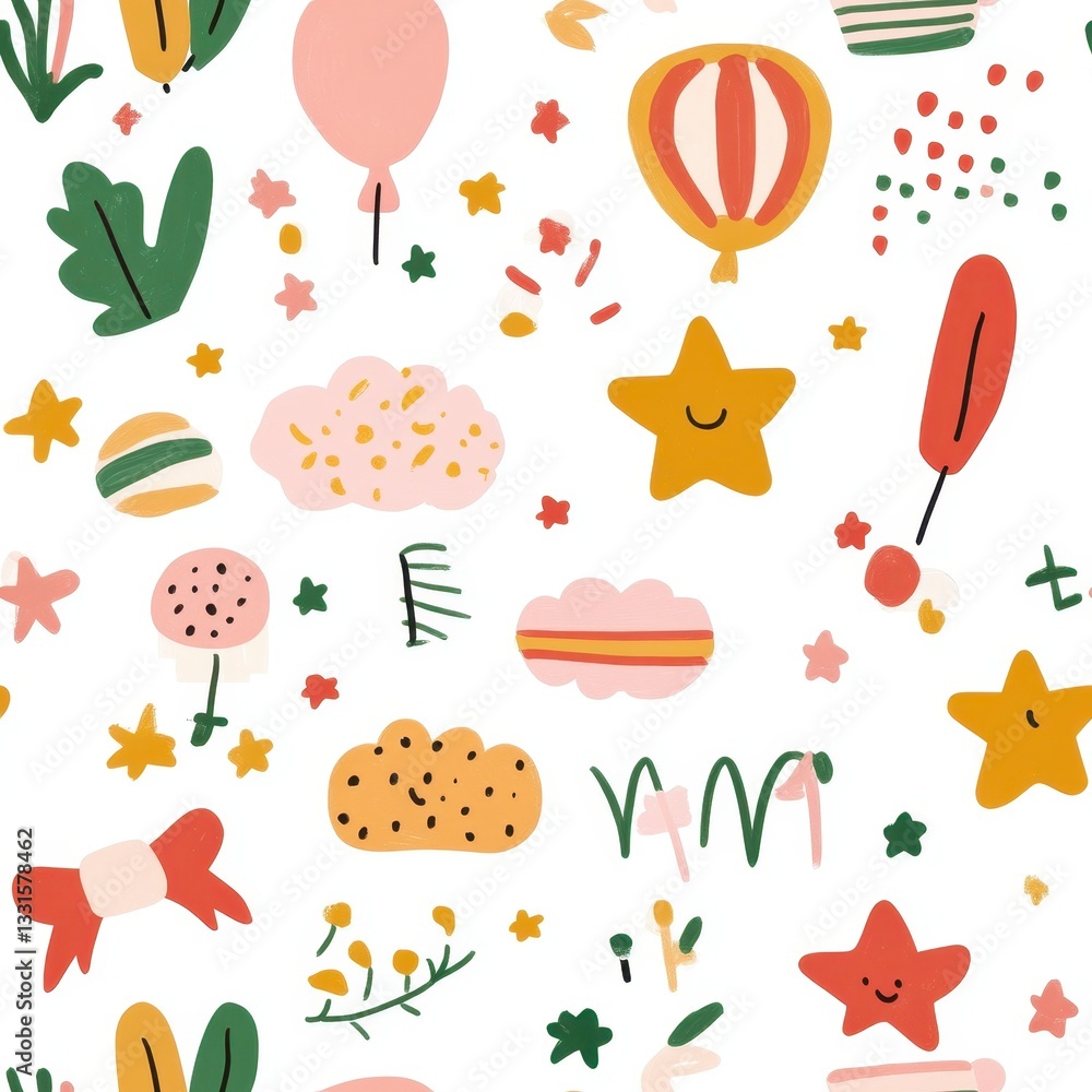 Vibrant seamless pattern featuring balloons, stars, clouds, and colorful ribbons for festive and playful designs. Vibrant seamless pattern featuring balloons, stars, clouds, and colorful ribbons for festive and playful designs.