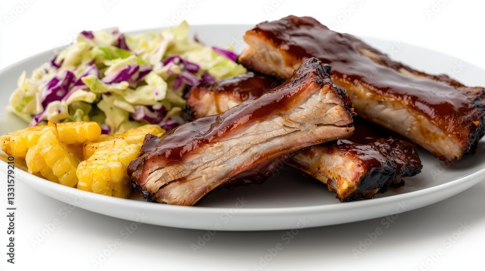 Tender Barbecue Ribs with Coleslaw and Grilled Corn on Plate Tender Barbecue Ribs with Coleslaw and Grilled Corn on Plate