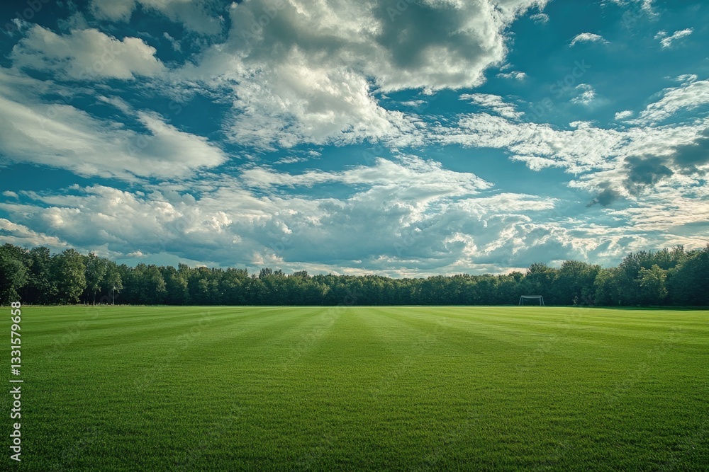 Naklejka premium A serene scene of a lush green grassy area with trees in the background, ideal for use in landscape or nature-themed projects