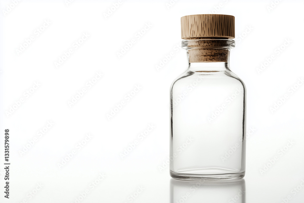 Selective focus empty glass of water bottle with wooden cap isolated on white background, Clear glass bottle for commercial on white background. Selective focus empty glass of water bottle with wooden cap isolated on white background, Clear glass bottle for commercial on white background.