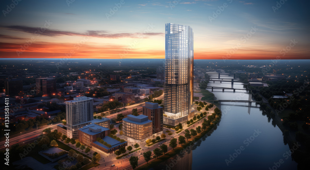 Fototapeta premium Modern Cityscape with Tower at Sunset