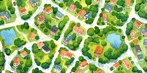 Detailed town map, houses, streets, green areas, top view, cartoon style, white background. Vintage watercolor look adds charm.