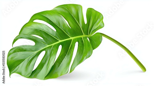 Isolated on white monster leaf and flower A vibrant green monstera leaf showcasing unique splits and holes, perfect for botanical decor or nature-themed designs.