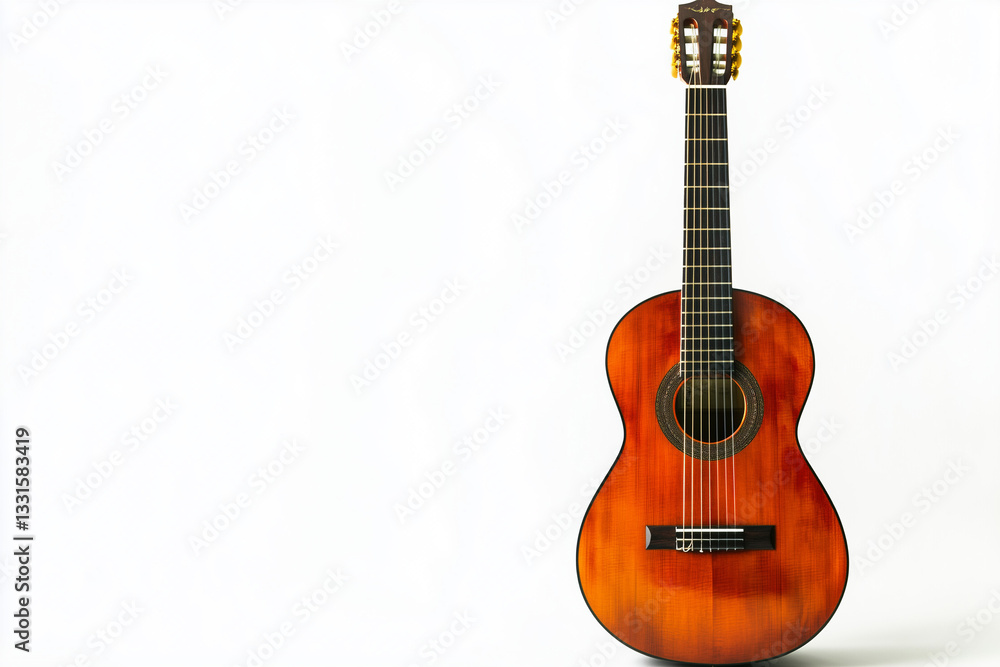 Naklejka premium Acoustic guitar isolated on white background, Selective focus classic guitar on white background, String instrument.