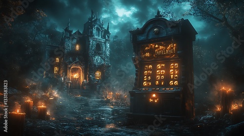 A dark, gothic Halloween slot machine surrounded by flickering black candles. The reels showcase eerie symbols—witches’ cauldrons, enchanted spell books,