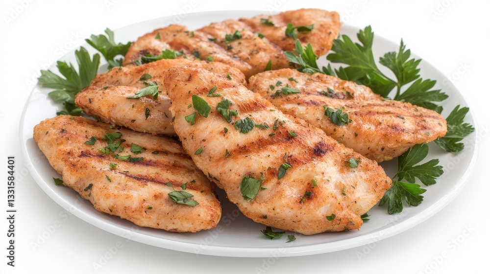Grilled Chicken Fillets with Fresh Herbs on White Plate Grilled Chicken Fillets with Fresh Herbs on White Plate