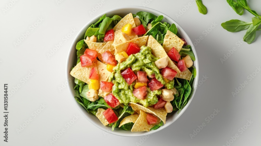 Fresh Green Salad with Tortilla Chips and Guacamole Dip Bowl Fresh Green Salad with Tortilla Chips and Guacamole Dip Bowl