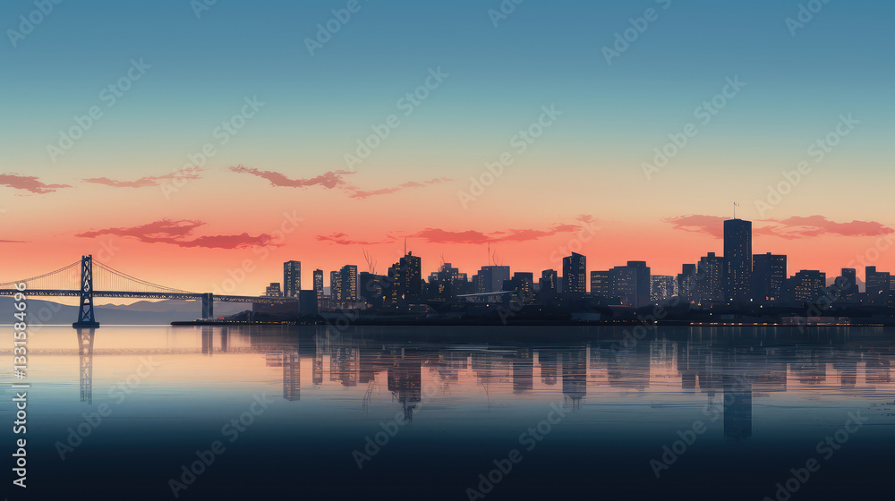 Fototapeta premium Serene Cityscape at Sunrise Over Calm Waters
