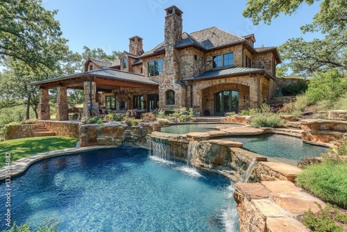 Wallpaper Mural Luxurious stone house with pool and landscaping in sunny outdoor setting near a forest Torontodigital.ca