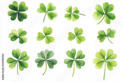 Delicate watercolor illustrations of three-leaf and four-leaf clovers in a set on a white background	
