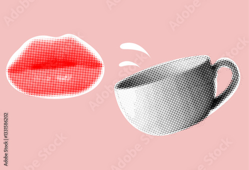 Halftone coffee cup and woman lips,collage of coffee break,hot drink in a cup