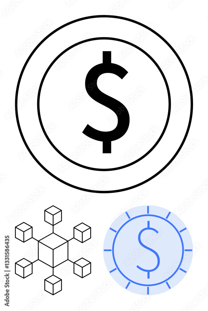 Dollar sign in a coin frame, blockchain cube network, and digital crypto coin. Ideal for fintech, cryptocurrency, blockchain, decentralization, digital economy, financial growth virtual Dollar sign in a coin frame, blockchain cube network, and digital crypto coin. Ideal for fintech, cryptocurrency, blockchain, decentralization, digital economy, financial growth virtual