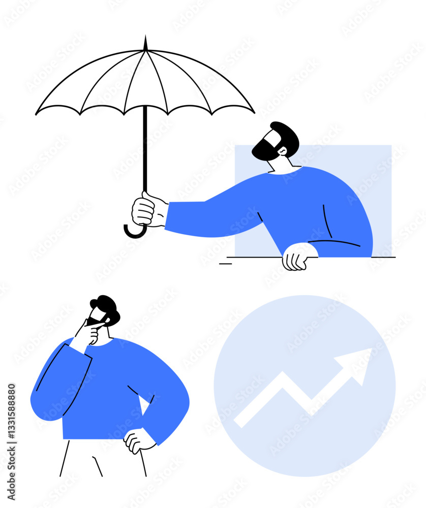 Person under umbrella symbolizing protection, another thinking with a growth chart. Ideal for planning, strategy, growth, decision-making, security, risk management innovation. Flat simple metaphor Person under umbrella symbolizing protection, another thinking with a growth chart. Ideal for planning, strategy, growth, decision-making, security, risk management innovation. Flat simple metaphor
