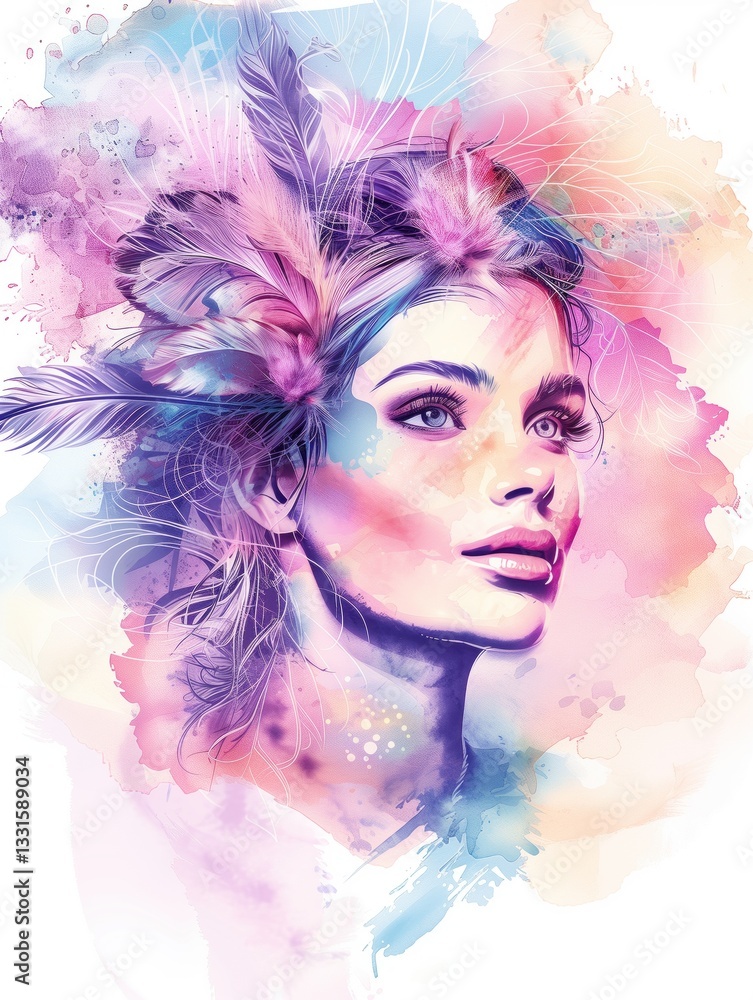 Elegant watercolor portrait of a woman with flowers in her hair, soft shades of blue, purple, and pink, poetic and artistic on a white background