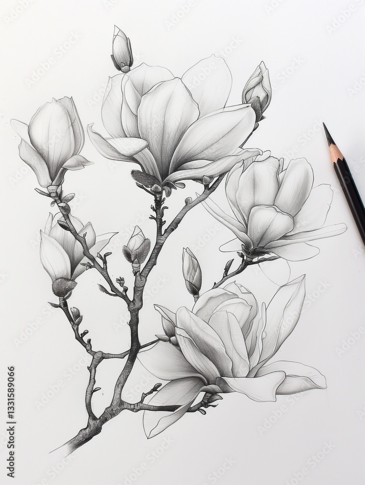 Artistic pencil sketch of magnolias on white paper, soft shading and intricate details, realistic botanical drawing