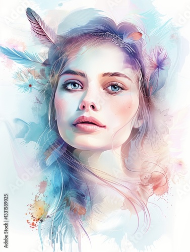 Elegant watercolor portrait of a woman with blue, orange, and purple tones, featuring soft pastel washes and feather details, refined and expressive
