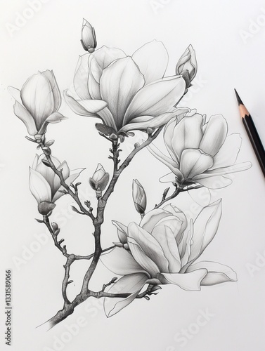 Obraz na płótnie Artistic pencil sketch of magnolias on white paper, soft shading and intricate details, realistic botanical drawing w salonie