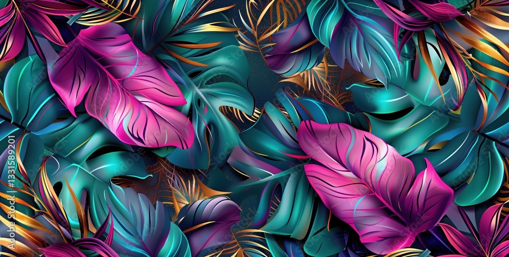 Large green and fuchsia pink leaves with a touch of gold, beautifully combined in an elegant and eye-catching horizontal wallpaper