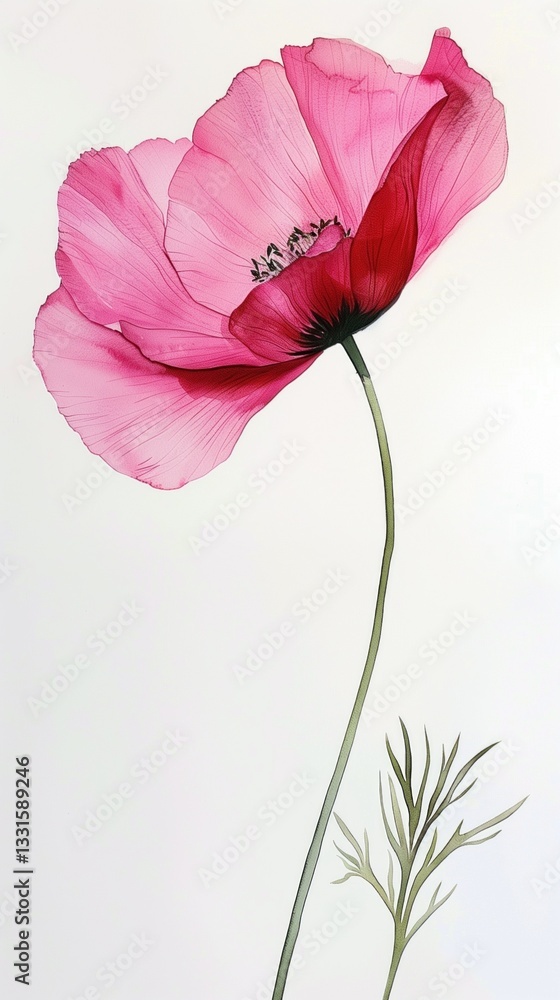 Perfect poppy watercolor illustration, isolated on white background, graceful and slender, fine details and realistic representation