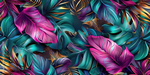 Obraz na płótnie Large green and fuchsia pink leaves with a touch of gold, beautifully combined in an elegant and eye-catching horizontal wallpaper w salonie