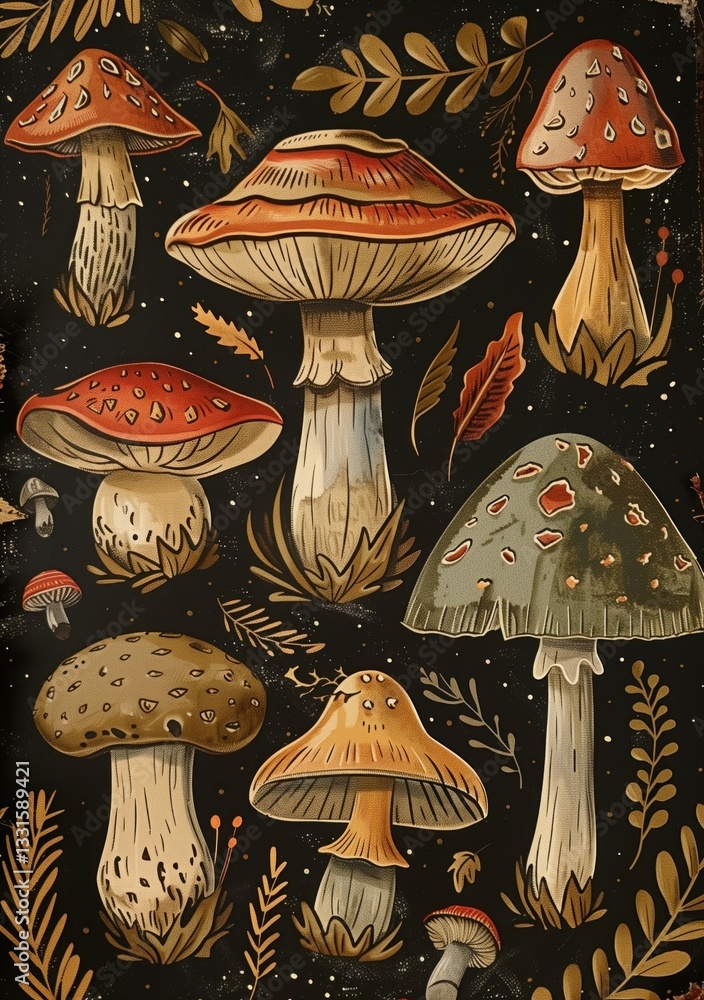 Vintage poster of different mushrooms on a black background with golden leaves
