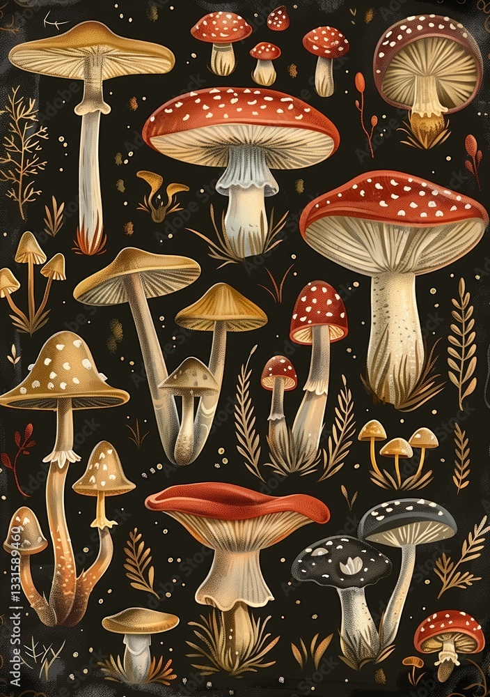 Vintage poster of mushrooms on a black starry background with twigs and small plants, pattern
